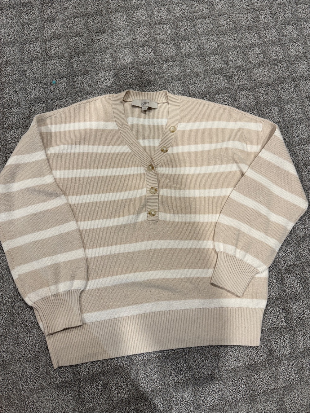 LOFT Cream and White Striped V-Neck Button Pullover